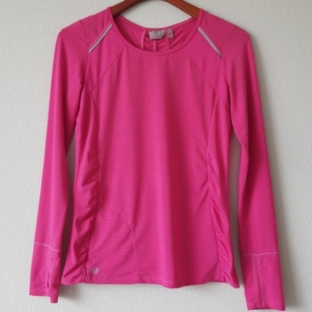 Athleta Pink Stripe Gathered Long Sleeve Top